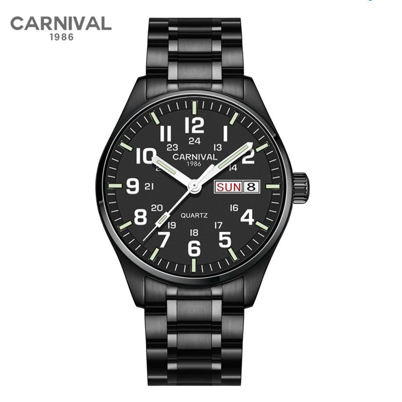 Carnival Brand Fashion Watch for Men Luxury Solid Stainless Steel Luminous Calendar Quartz Wristwatches Waterproof Montre Homme