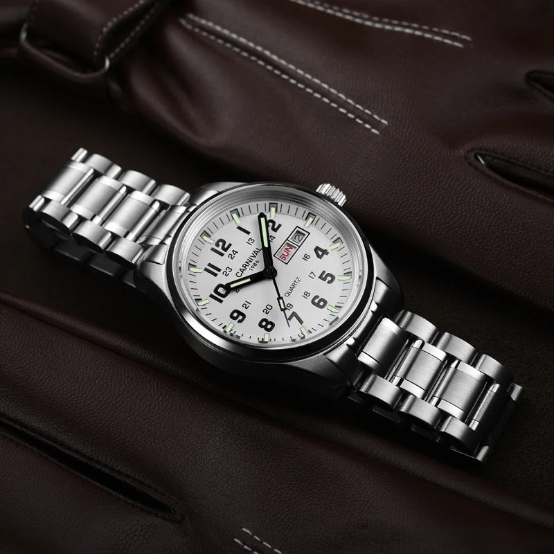 Carnival Brand Fashion Watch for Men Luxury Solid Stainless Steel Luminous Calendar Quartz Wristwatches Waterproof Montre Homme