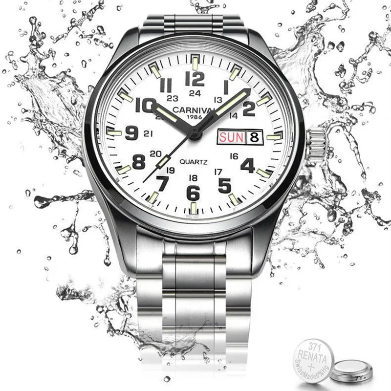 Carnival Brand Fashion Watch for Men Luxury Solid Stainless Steel Luminous Calendar Quartz Wristwatches Waterproof Montre Homme