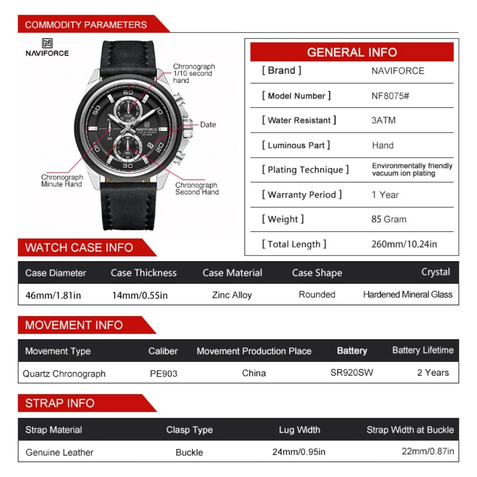 NAVIFORCE Hands Wristwatches Genuine Leather Strap Alloy Case Casual Watches Dress Watch for Men Waterproof with Date Luminous