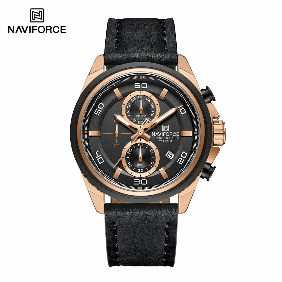 NAVIFORCE Hands Wristwatches Genuine Leather Strap Alloy Case Casual Watches Dress Watch for Men Waterproof with Date Luminous