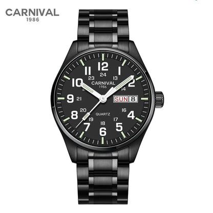 Carnival Brand Fashion Watch for Men Luxury Solid Stainless Steel Luminous Calendar Quartz Wristwatches Waterproof Montre Homme