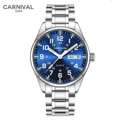 Carnival Brand Fashion Watch for Men Luxury Solid Stainless Steel Luminous Calendar Quartz Wristwatches Waterproof Montre Homme