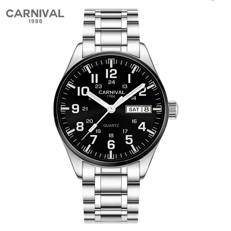 Carnival Brand Fashion Watch for Men Luxury Solid Stainless Steel Luminous Calendar Quartz Wristwatches Waterproof Montre Homme