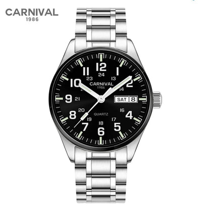 Carnival Brand Fashion Watch for Men Luxury Solid Stainless Steel Luminous Calendar Quartz Wristwatches Waterproof Montre Homme