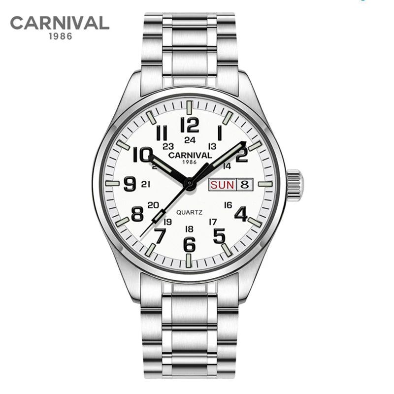 Carnival Brand Fashion Watch for Men Luxury Solid Stainless Steel Luminous Calendar Quartz Wristwatches Waterproof Montre Homme