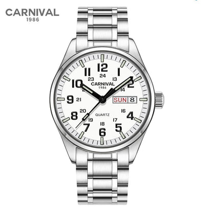 Carnival Brand Fashion Watch for Men Luxury Solid Stainless Steel Luminous Calendar Quartz Wristwatches Waterproof Montre Homme