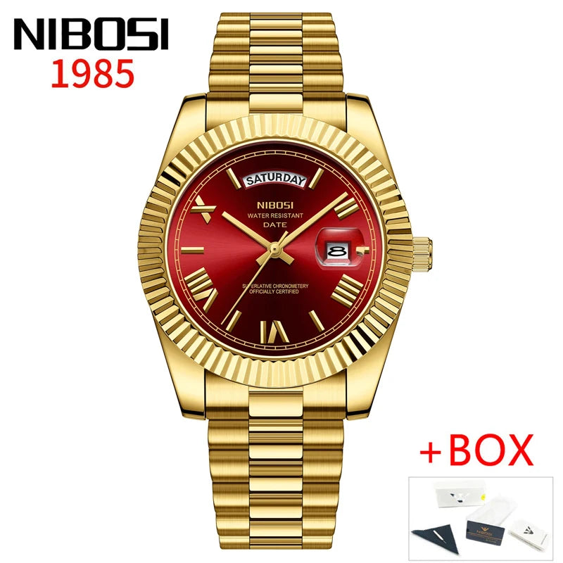 NIBOSI Brand Luxury Gold Red Quartz Watch for Men Stainless Steel Waterproof Luminous Date Week Fashion Men Watches Reloj Hombre