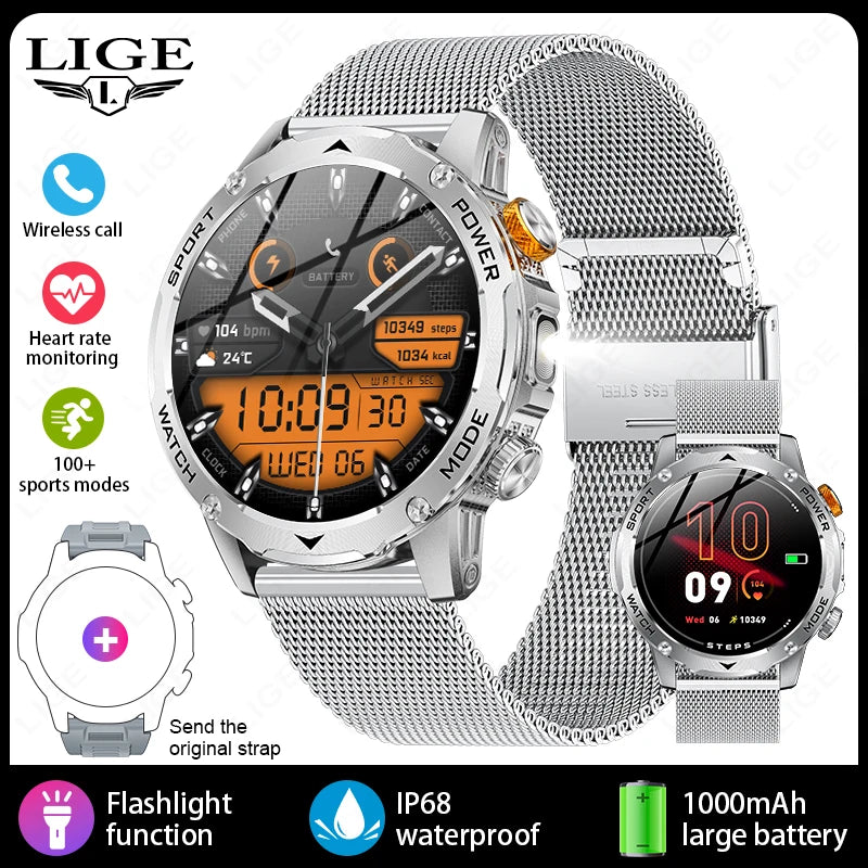 LIGE 1000mAh Large Battery Men Smart Watch Outdoor Flashlight Bluetooth Call Waterproof Sport Fitness Smartwatch For Xiaomi 2025