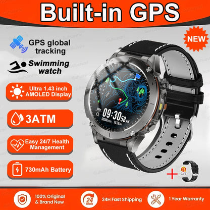 New T-Rex 3 GPS Smart Watch 1.43" AMOLED 10ATM Waterproof Built-in Dual-band GNSS Compass Military Sport Smartwatch Men Bracelet