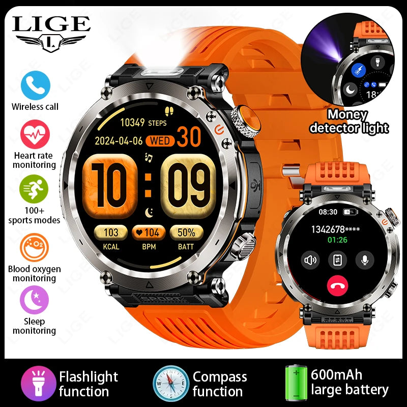 LIGE New Outdoor Flashlight Smart Watch Men 600mAh Smartwatch Bluetooth Call Heart Rate IP68 Waterproof Sports Smartwatches 2025