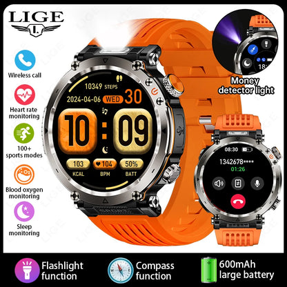 LIGE New Outdoor Flashlight Smart Watch Men 600mAh Smartwatch Bluetooth Call Heart Rate IP68 Waterproof Sports Smartwatches 2025