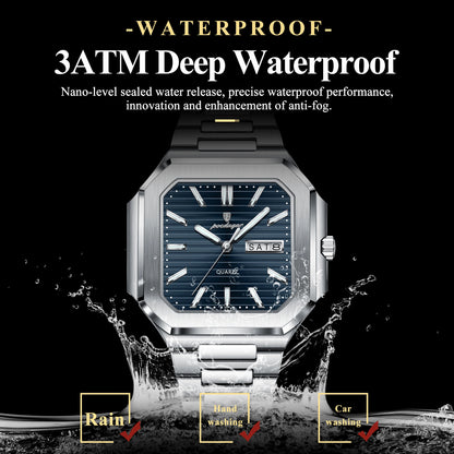 POEDAGAR Luxury Square Fashion Man Wristwatch Waterproof Luminous Date Week Quartz Men's Watches Stainless Steel Men Watch Reloj