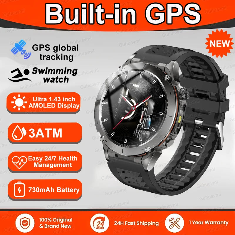 New T-Rex 3 GPS Smart Watch 1.43" AMOLED 10ATM Waterproof Built-in Dual-band GNSS Compass Military Sport Smartwatch Men Bracelet