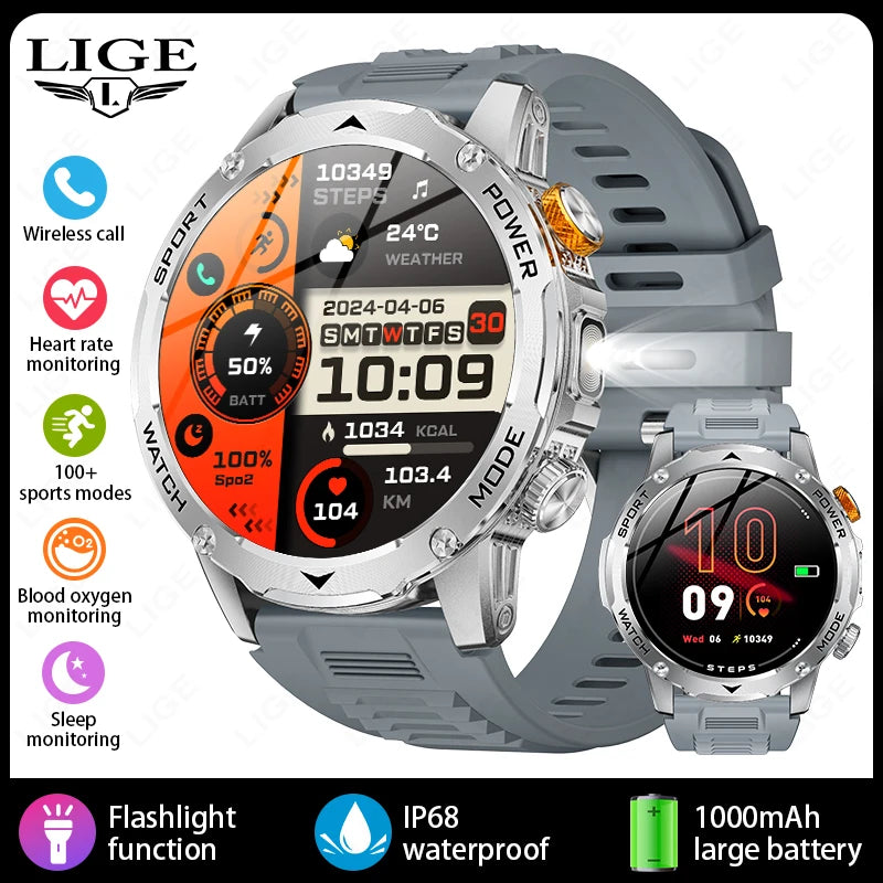 LIGE 1000mAh Large Battery Men Smart Watch Outdoor Flashlight Bluetooth Call Waterproof Sport Fitness Smartwatch For Xiaomi 2025