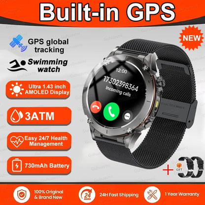 New T-Rex 3 GPS Smart Watch 1.43" AMOLED 10ATM Waterproof Built-in Dual-band GNSS Compass Military Sport Smartwatch Men Bracelet