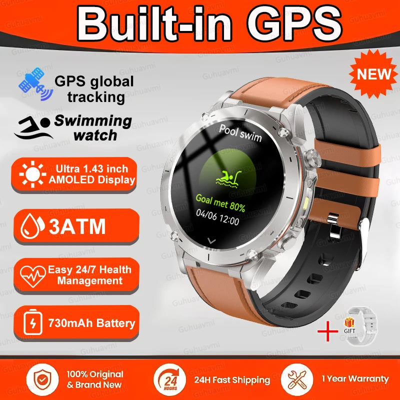 New T-Rex 3 GPS Smart Watch 1.43" AMOLED 10ATM Waterproof Built-in Dual-band GNSS Compass Military Sport Smartwatch Men Bracelet