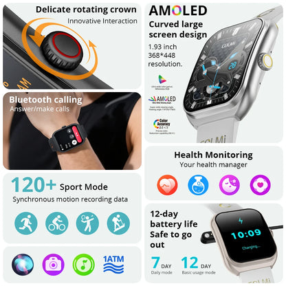 New COLMI P86 1.93" AMOLED Smartwatch Men Health Manager Bluetooth Call IP68 Waterproof Smart Watch Women For Xiaomi iOS Phone