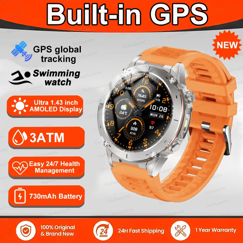 New T-Rex 3 GPS Smart Watch 1.43" AMOLED 10ATM Waterproof Built-in Dual-band GNSS Compass Military Sport Smartwatch Men Bracelet