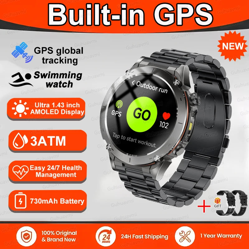 New T-Rex 3 GPS Smart Watch 1.43" AMOLED 10ATM Waterproof Built-in Dual-band GNSS Compass Military Sport Smartwatch Men Bracelet