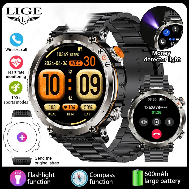 LIGE New Outdoor Flashlight Smart Watch Men 600mAh Smartwatch Bluetooth Call Heart Rate IP68 Waterproof Sports Smartwatches 2025