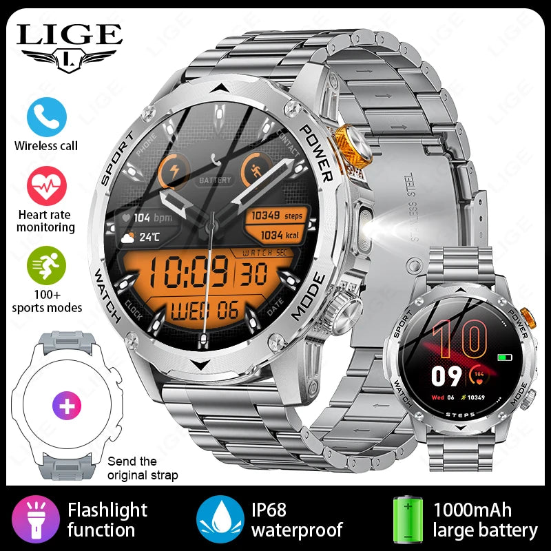 LIGE 1000mAh Large Battery Men Smart Watch Outdoor Flashlight Bluetooth Call Waterproof Sport Fitness Smartwatch For Xiaomi 2025