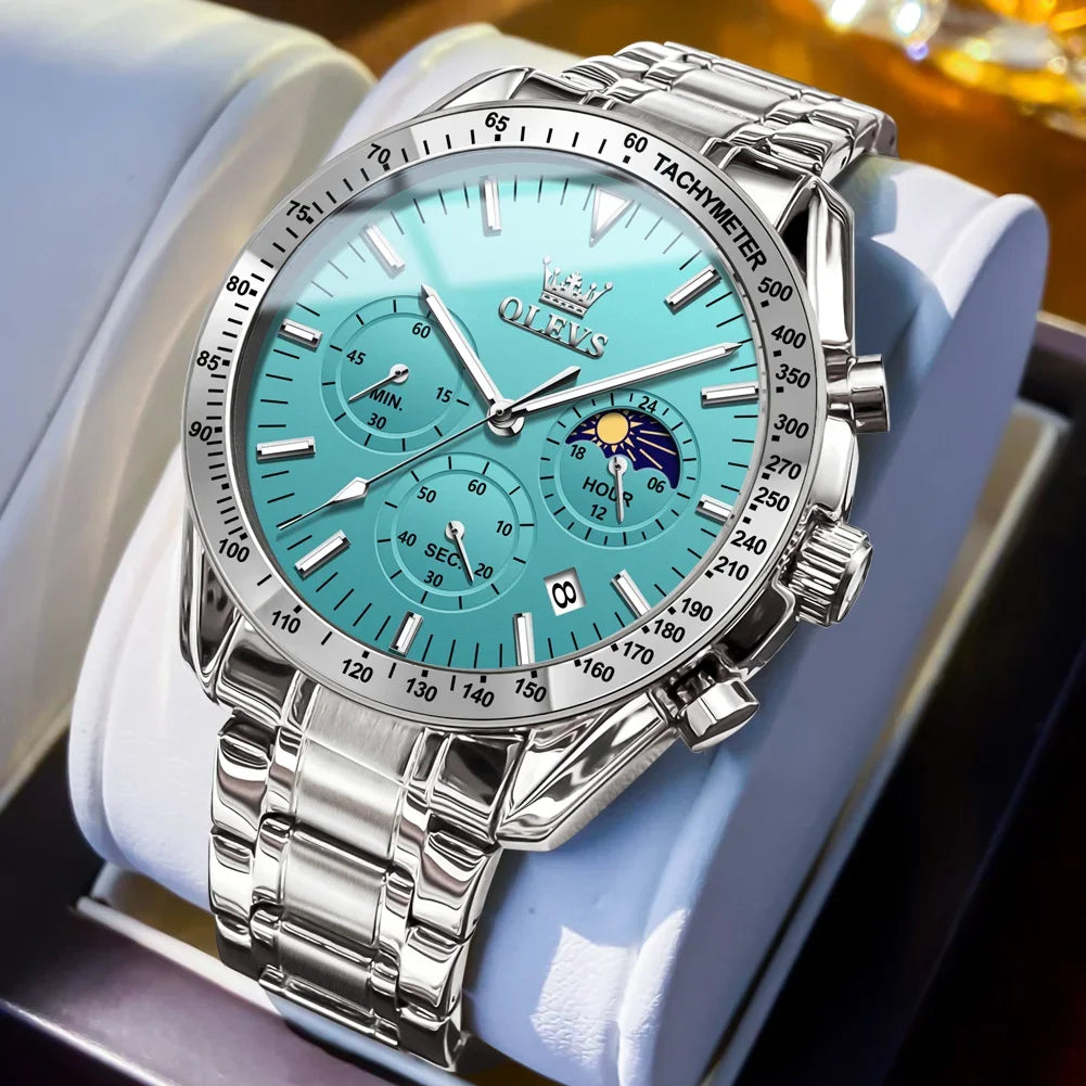 OLEVS Top Fashion All Steel Men Watch Trend Quartz Watch Moon Phase Luminous Steel Strip Waterproof Male Wristwatch