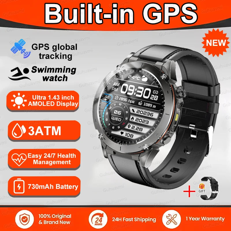 New T-Rex 3 GPS Smart Watch 1.43" AMOLED 10ATM Waterproof Built-in Dual-band GNSS Compass Military Sport Smartwatch Men Bracelet