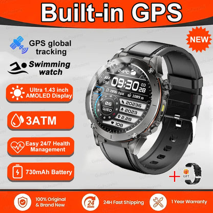 New T-Rex 3 GPS Smart Watch 1.43" AMOLED 10ATM Waterproof Built-in Dual-band GNSS Compass Military Sport Smartwatch Men Bracelet