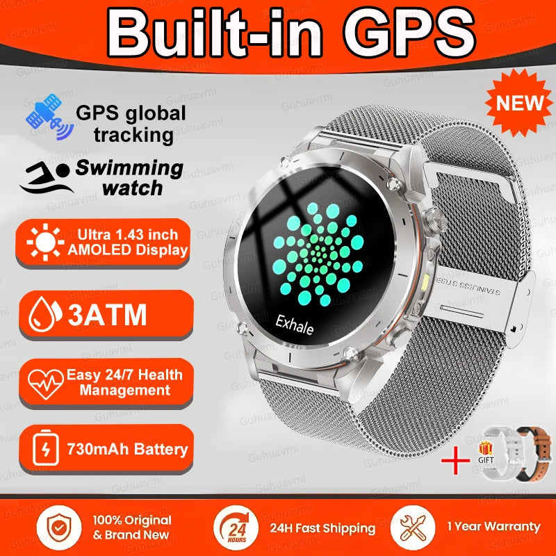 New T-Rex 3 GPS Smart Watch 1.43" AMOLED 10ATM Waterproof Built-in Dual-band GNSS Compass Military Sport Smartwatch Men Bracelet