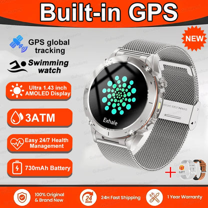 New T-Rex 3 GPS Smart Watch 1.43" AMOLED 10ATM Waterproof Built-in Dual-band GNSS Compass Military Sport Smartwatch Men Bracelet