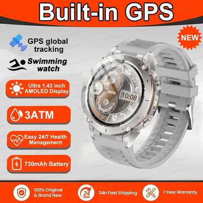 New T-Rex 3 GPS Smart Watch 1.43" AMOLED 10ATM Waterproof Built-in Dual-band GNSS Compass Military Sport Smartwatch Men Bracelet