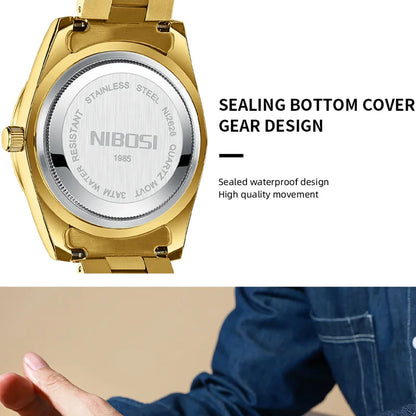 NIBOSI Brand Luxury Gold Red Quartz Watch for Men Stainless Steel Waterproof Luminous Date Week Fashion Men Watches Reloj Hombre
