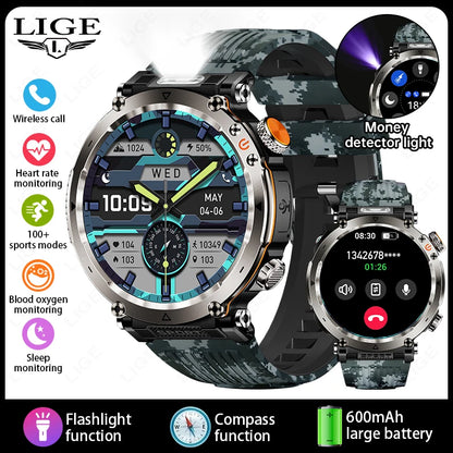 LIGE New Outdoor Flashlight Smart Watch Men 600mAh Smartwatch Bluetooth Call Heart Rate IP68 Waterproof Sports Smartwatches 2025