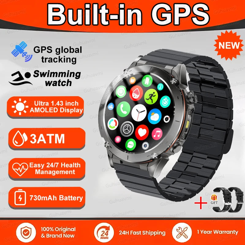 New T-Rex 3 GPS Smart Watch 1.43" AMOLED 10ATM Waterproof Built-in Dual-band GNSS Compass Military Sport Smartwatch Men Bracelet