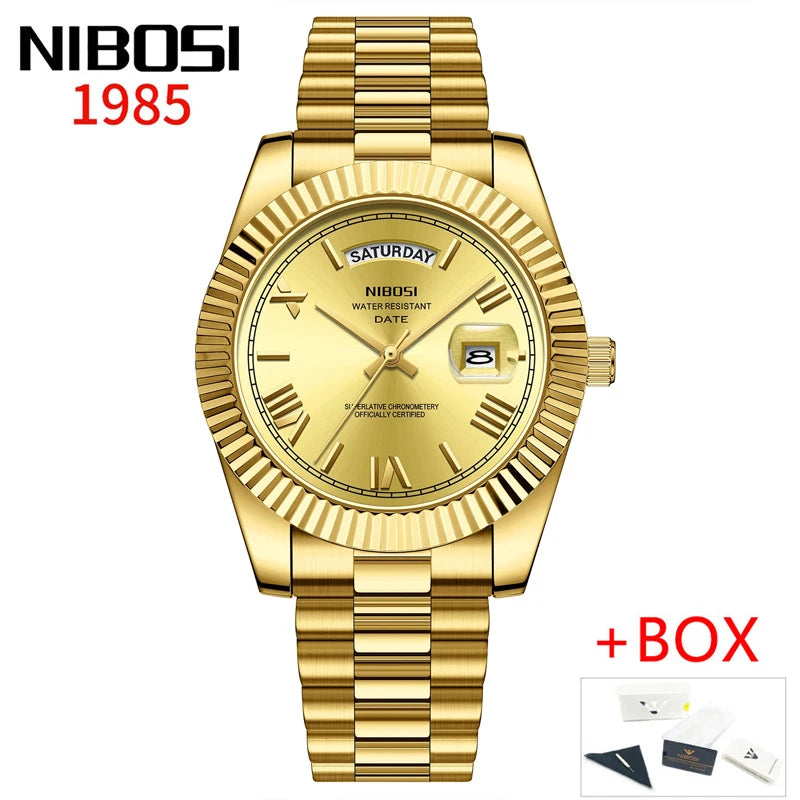 NIBOSI Brand Luxury Gold Red Quartz Watch for Men Stainless Steel Waterproof Luminous Date Week Fashion Men Watches Reloj Hombre