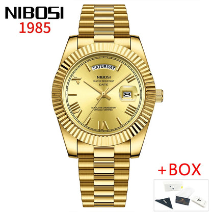 NIBOSI Brand Luxury Gold Red Quartz Watch for Men Stainless Steel Waterproof Luminous Date Week Fashion Men Watches Reloj Hombre