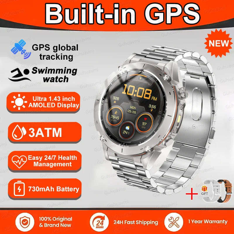 New T-Rex 3 GPS Smart Watch 1.43" AMOLED 10ATM Waterproof Built-in Dual-band GNSS Compass Military Sport Smartwatch Men Bracelet