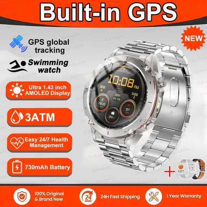 New T-Rex 3 GPS Smart Watch 1.43" AMOLED 10ATM Waterproof Built-in Dual-band GNSS Compass Military Sport Smartwatch Men Bracelet