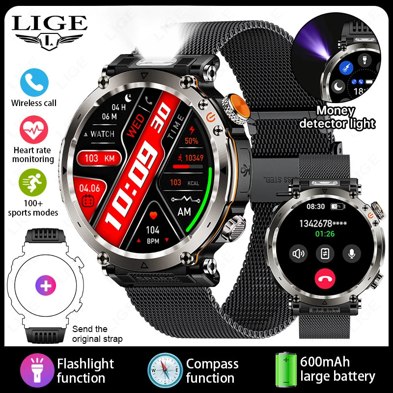 LIGE New Outdoor Flashlight Smart Watch Men 600mAh Smartwatch Bluetooth Call Heart Rate IP68 Waterproof Sports Smartwatches 2025