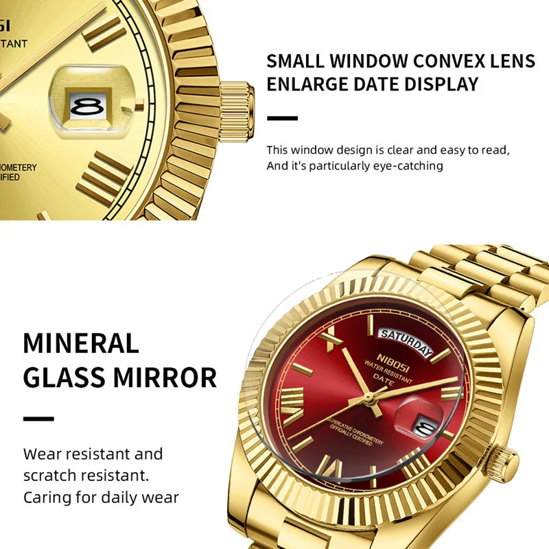 NIBOSI Brand Luxury Gold Red Quartz Watch for Men Stainless Steel Waterproof Luminous Date Week Fashion Men Watches Reloj Hombre