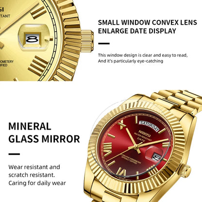 NIBOSI Brand Luxury Gold Red Quartz Watch for Men Stainless Steel Waterproof Luminous Date Week Fashion Men Watches Reloj Hombre