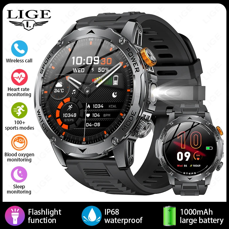 LIGE 1000mAh Large Battery Men Smart Watch Outdoor Flashlight Bluetooth Call Waterproof Sport Fitness Smartwatch For Xiaomi 2025