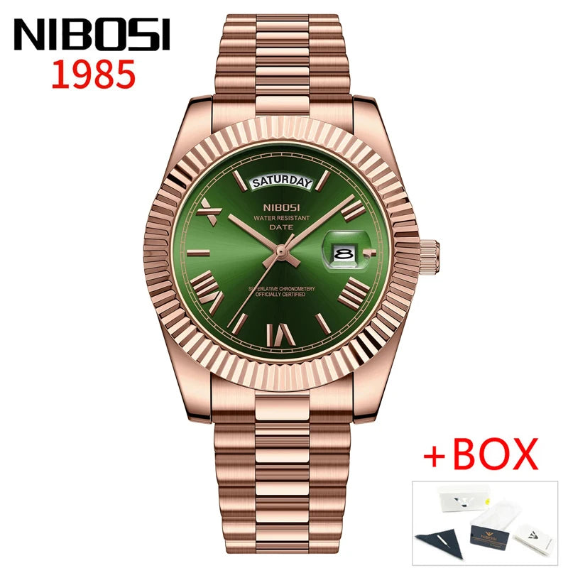 NIBOSI Brand Luxury Gold Red Quartz Watch for Men Stainless Steel Waterproof Luminous Date Week Fashion Men Watches Reloj Hombre