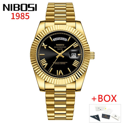 NIBOSI Brand Luxury Gold Red Quartz Watch for Men Stainless Steel Waterproof Luminous Date Week Fashion Men Watches Reloj Hombre
