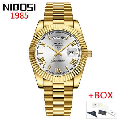 NIBOSI Brand Luxury Gold Red Quartz Watch for Men Stainless Steel Waterproof Luminous Date Week Fashion Men Watches Reloj Hombre