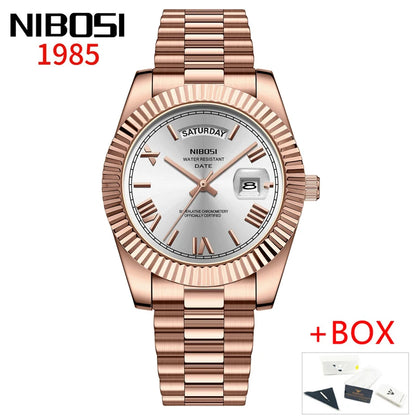 NIBOSI Brand Luxury Gold Red Quartz Watch for Men Stainless Steel Waterproof Luminous Date Week Fashion Men Watches Reloj Hombre