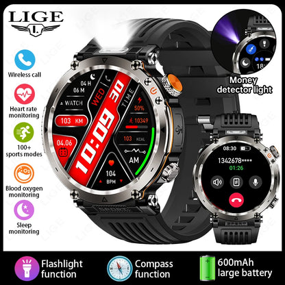 LIGE New Outdoor Flashlight Smart Watch Men 600mAh Smartwatch Bluetooth Call Heart Rate IP68 Waterproof Sports Smartwatches 2025