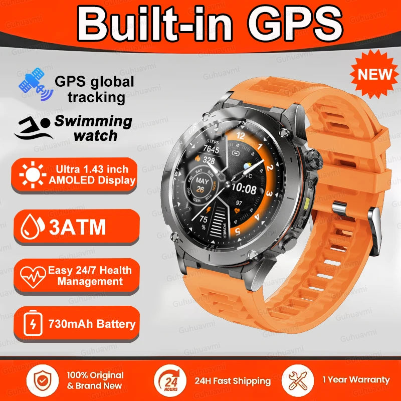 New T-Rex 3 GPS Smart Watch 1.43" AMOLED 10ATM Waterproof Built-in Dual-band GNSS Compass Military Sport Smartwatch Men Bracelet