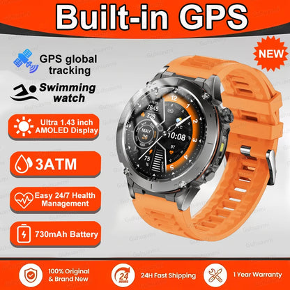 New T-Rex 3 GPS Smart Watch 1.43" AMOLED 10ATM Waterproof Built-in Dual-band GNSS Compass Military Sport Smartwatch Men Bracelet
